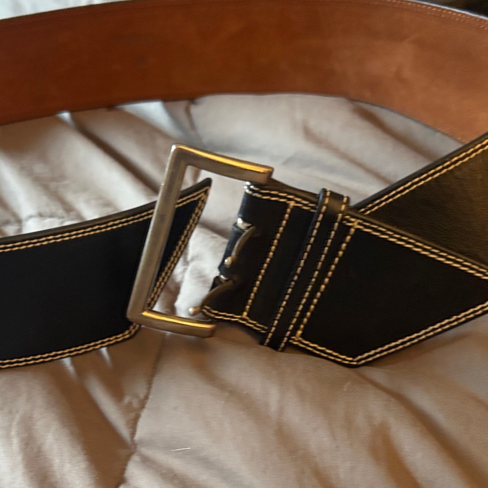 Leather Contrast-Stitch Black Belt with Silver Buckle